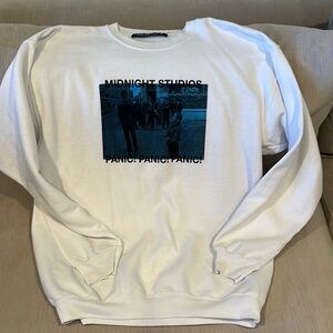 Midnight Studio White Graphic Crewneck. Panic! Panic! Panic!